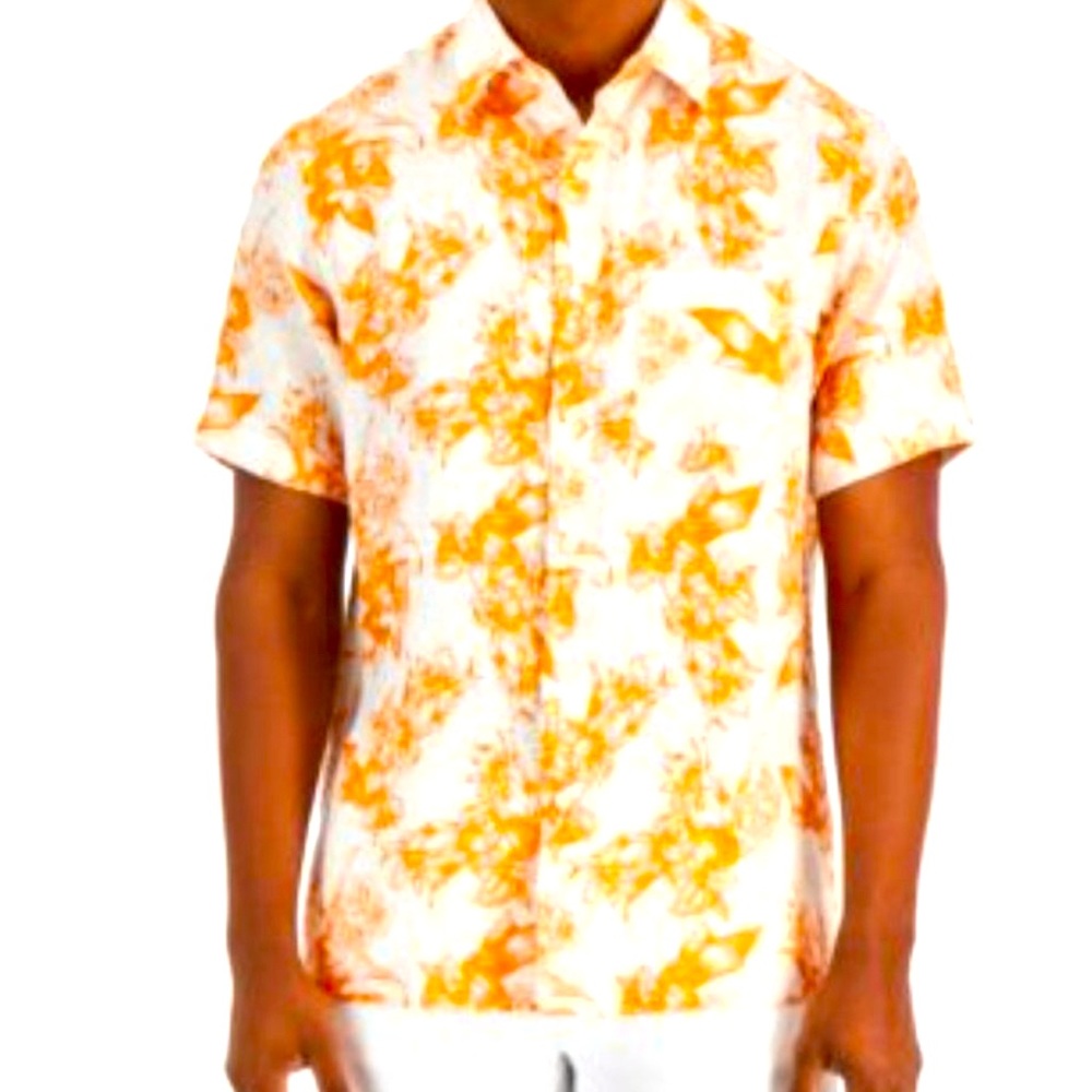 NWT CLUB ROOM Men's Orange Floral 100% Linen Short-Sleeve Button-Up Shirt Size M